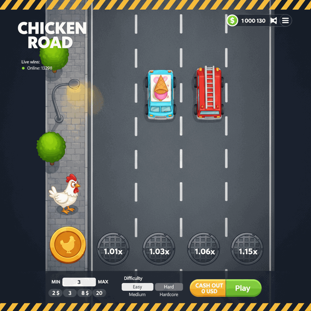 Chicken Road crash game showing a cartoon chicken character standing on an urban sidewalk preparing to cross a multi-lane road with visible traffic lanes, white dashed lane markers, manhole cover multiplier indicators, and a live wins ticker displaying real-time player winnings