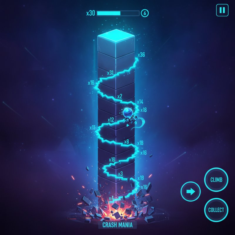 Tower Rush slot game by Galaxsys showing 36-level vertical tower with multiplier progression, crash mania mechanics, and strategic climbing gameplay interface